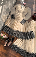 Soft Cream Black Embroidered  Premium Sharara Wear 🖤💎