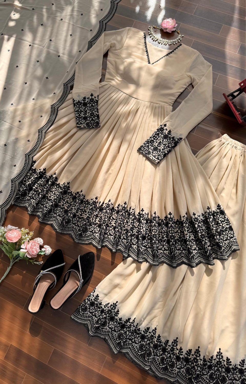 Soft Cream Black Embroidered  Premium Sharara Wear 🖤💎