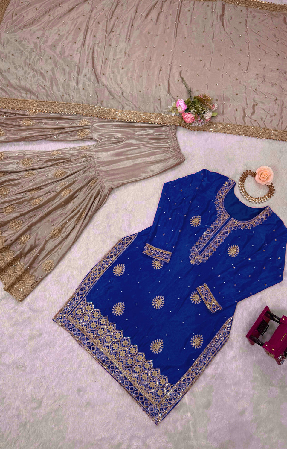 Chinon Silk Sharara Suit with Pearl & Sequence Work