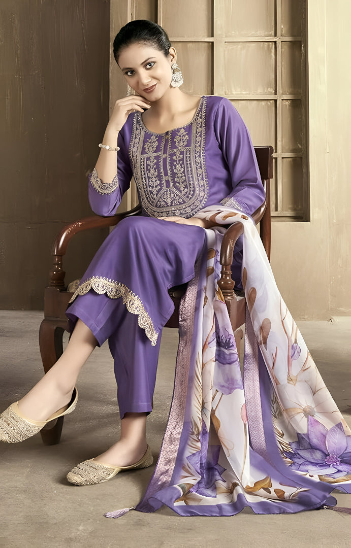 Purple Cotton Sequin Embroidered Kurti Set 💫