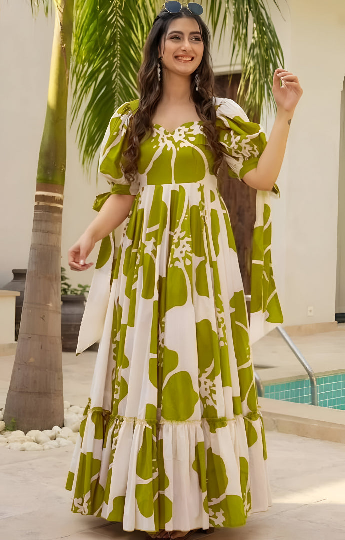 Beautiful Mehandi Floral Print Maxi Dress 🥻