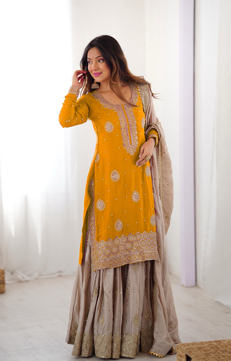 Chinon Silk Sharara Suit with Pearl & Sequence Work