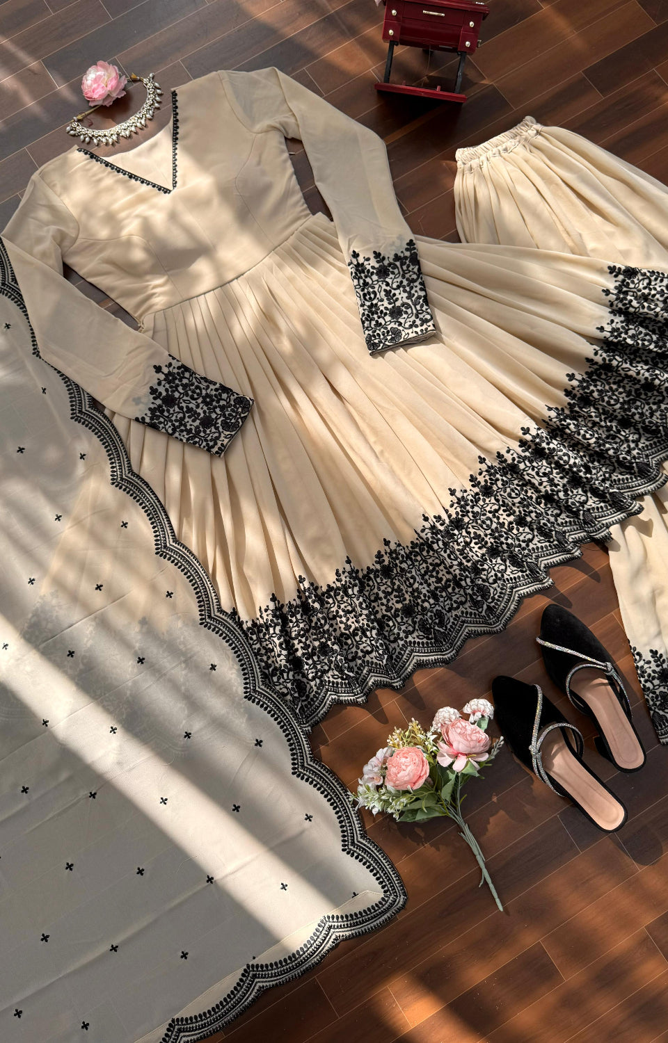 Soft Cream Black Embroidered  Premium Sharara Wear 🖤💎