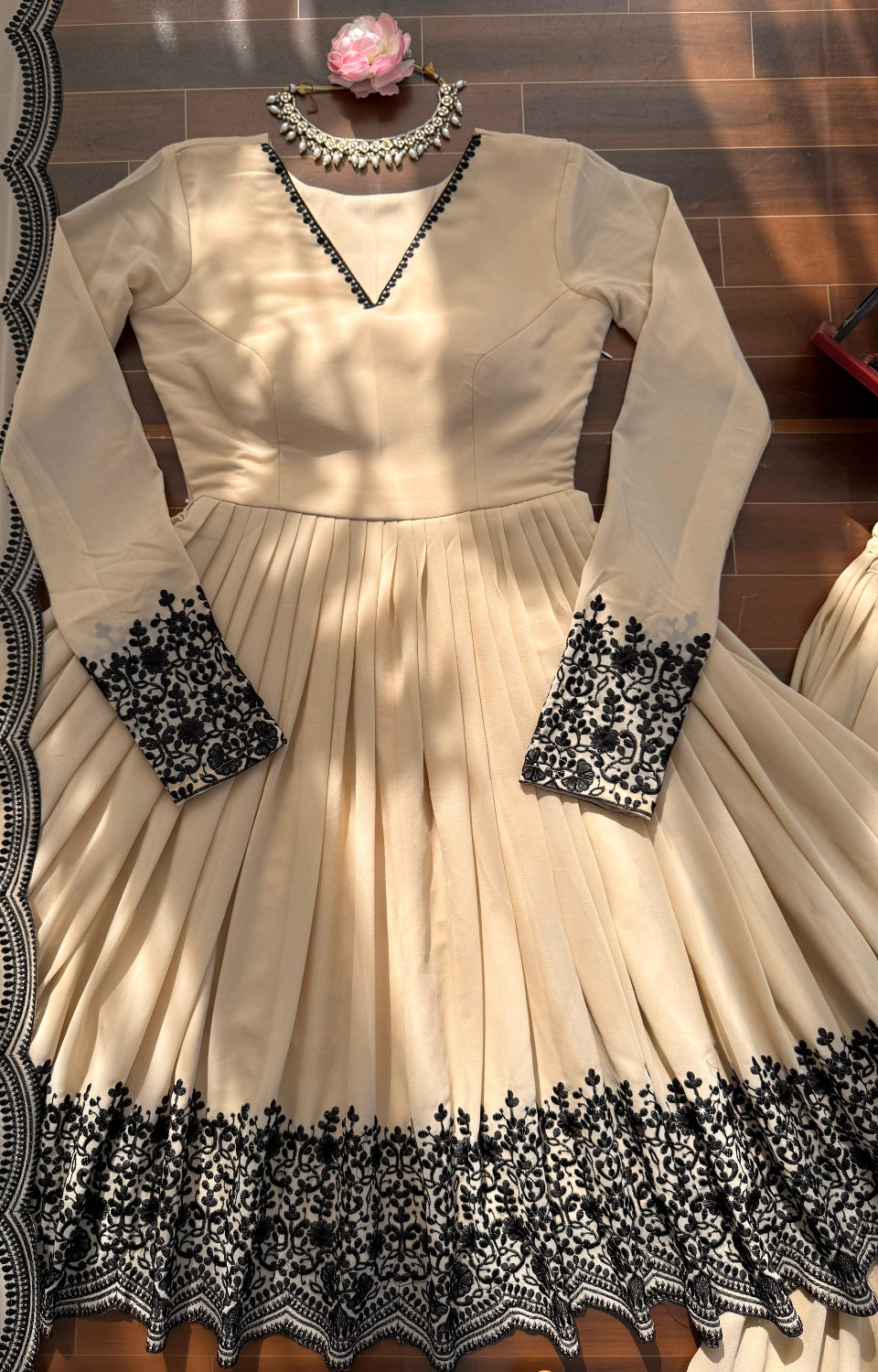 Soft Cream Black Embroidered  Premium Sharara Wear 🖤💎