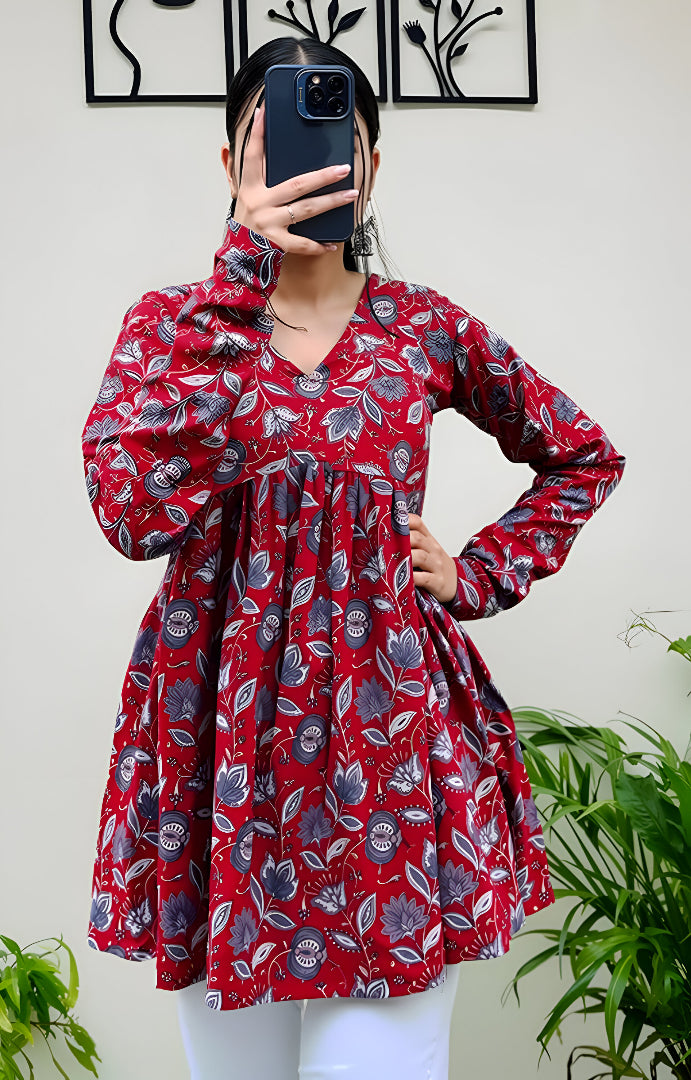 Casual Rayon Blend V-Neck Full Sleeves Stylish Red Peplum Top