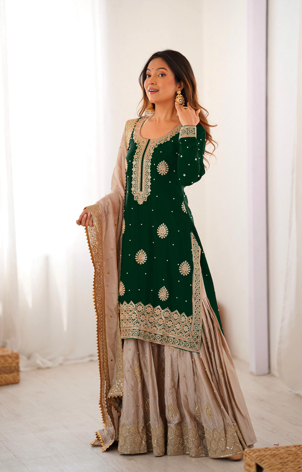 Chinon Silk Sharara Suit with Pearl & Sequence Work