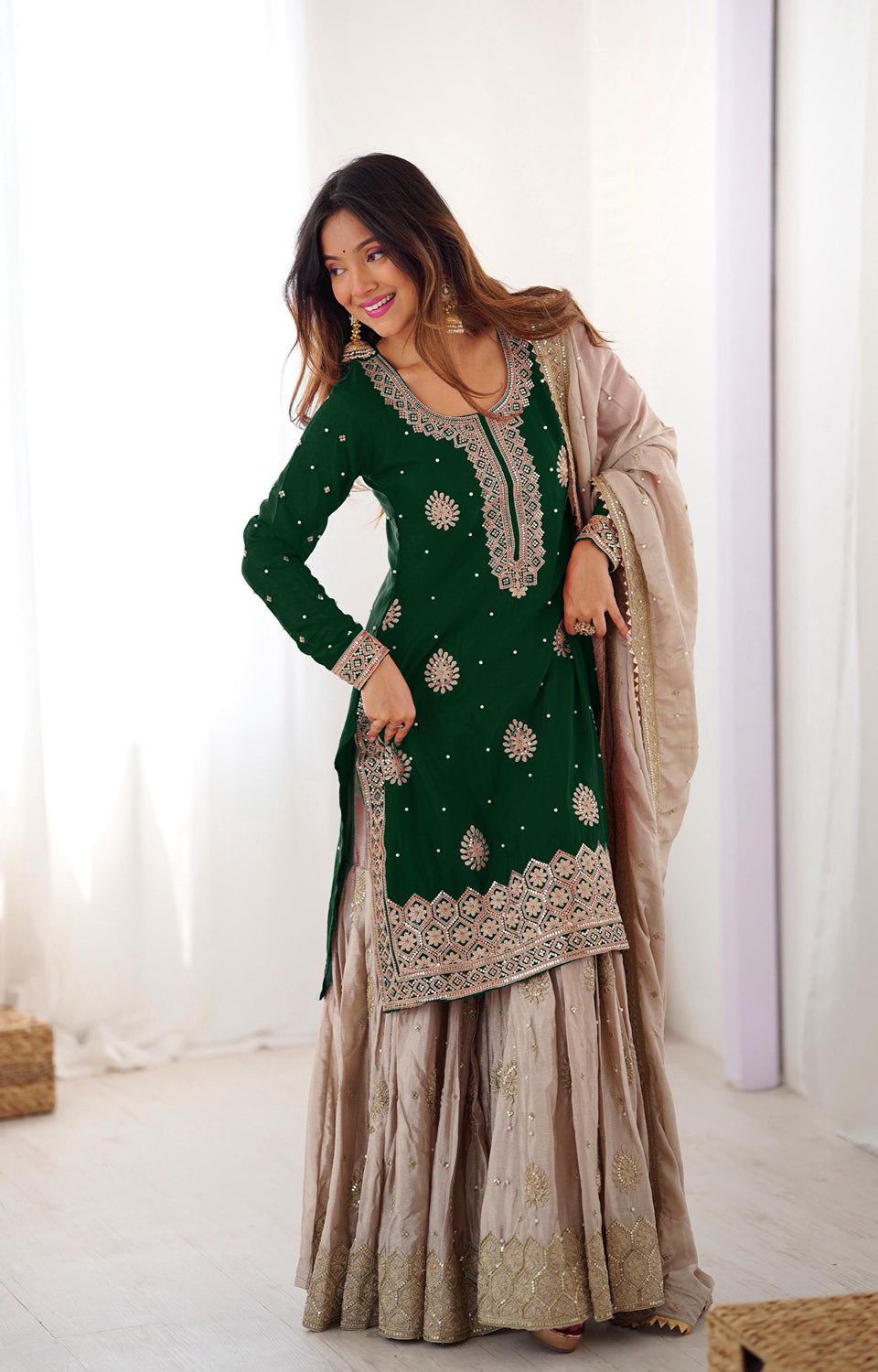 Chinon Silk Sharara Suit with Pearl & Sequence Work