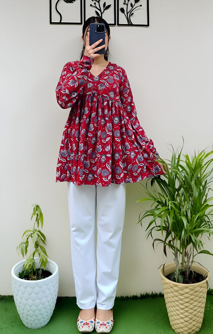 Casual Rayon Blend V-Neck Full Sleeves Stylish Red Peplum Top