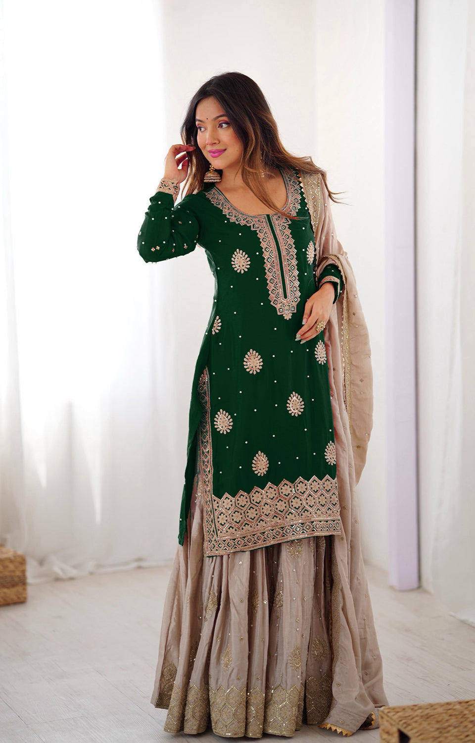Chinon Silk Sharara Suit with Pearl & Sequence Work