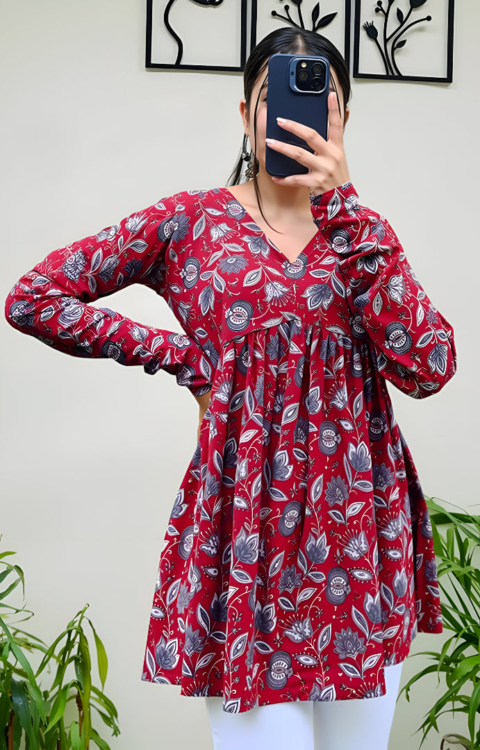 Casual Rayon Blend V-Neck Full Sleeves Stylish Red Peplum Top