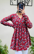 Casual Rayon Blend V-Neck Full Sleeves Stylish Red Peplum Top