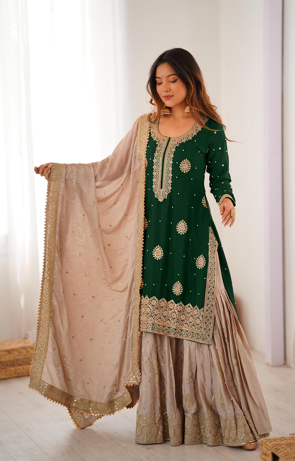 Chinon Silk Sharara Suit with Pearl & Sequence Work