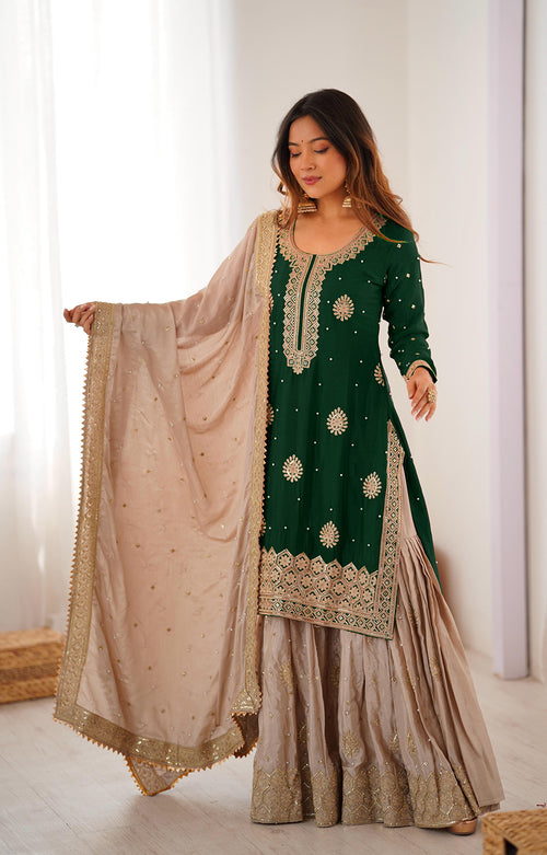 Chinon Silk Sharara Suit with Pearl & Sequence Work