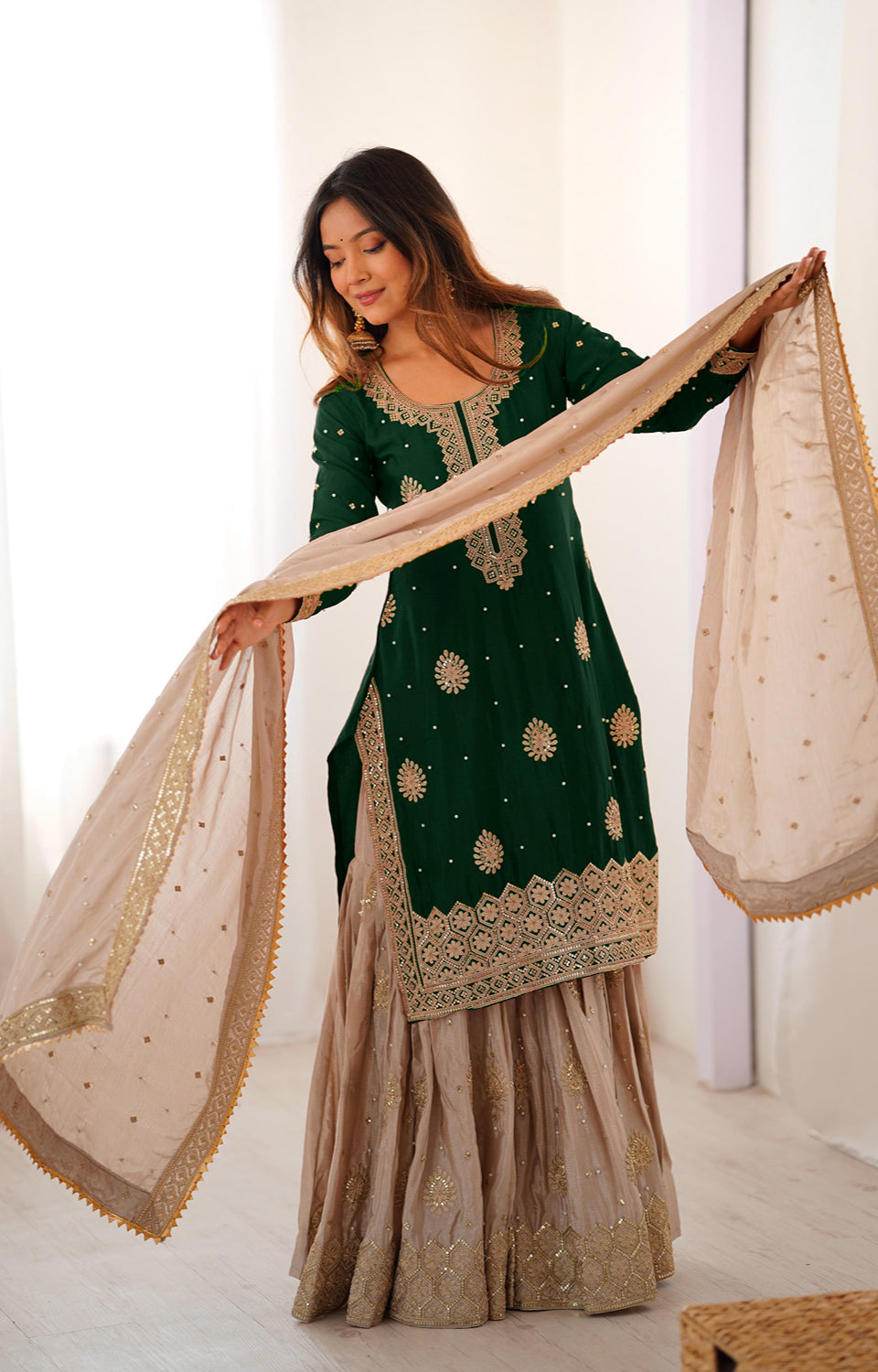 Chinon Silk Sharara Suit with Pearl & Sequence Work
