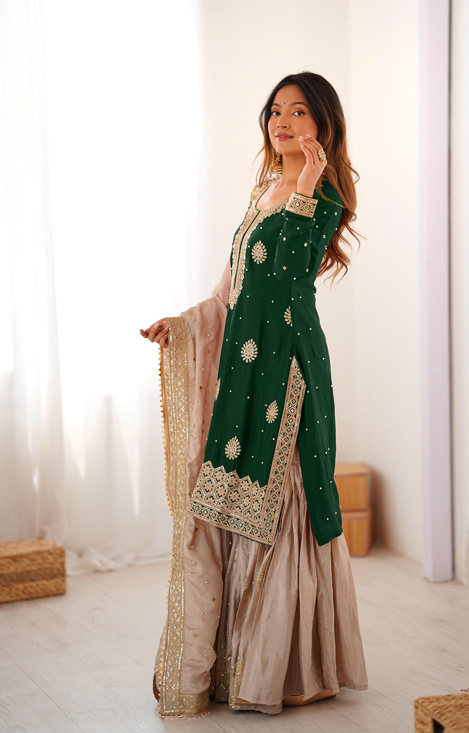 Chinon Silk Sharara Suit with Pearl & Sequence Work