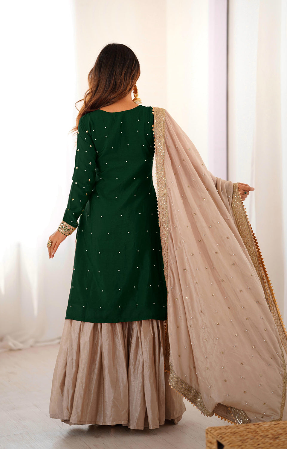 Chinon Silk Sharara Suit with Pearl & Sequence Work
