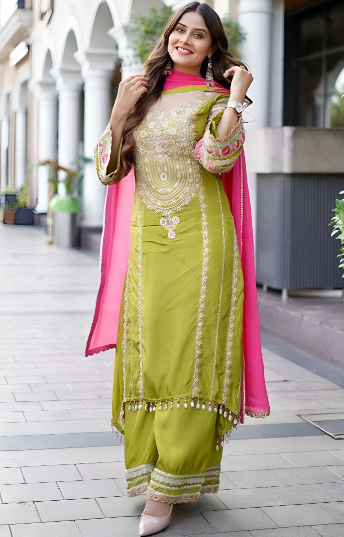 Heavy Embroidered Vichitra Silk Mirror Luxe Set ✨