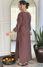 Elegant Brown Embroidered Kurta Set with Dupatta for Women