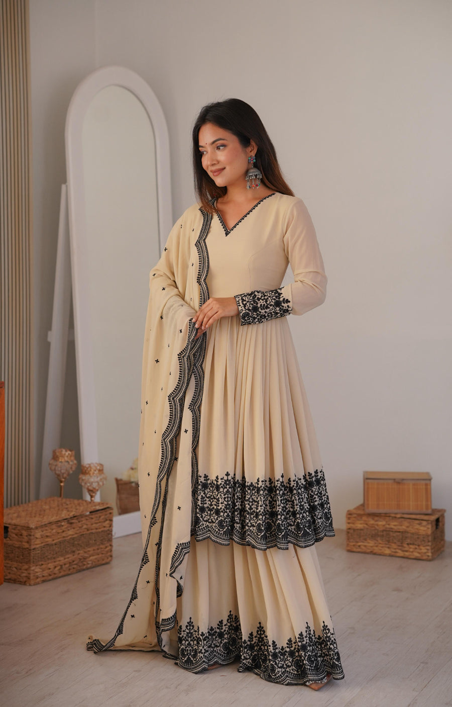 Soft Cream Black Embroidered  Premium Sharara Wear 🖤💎