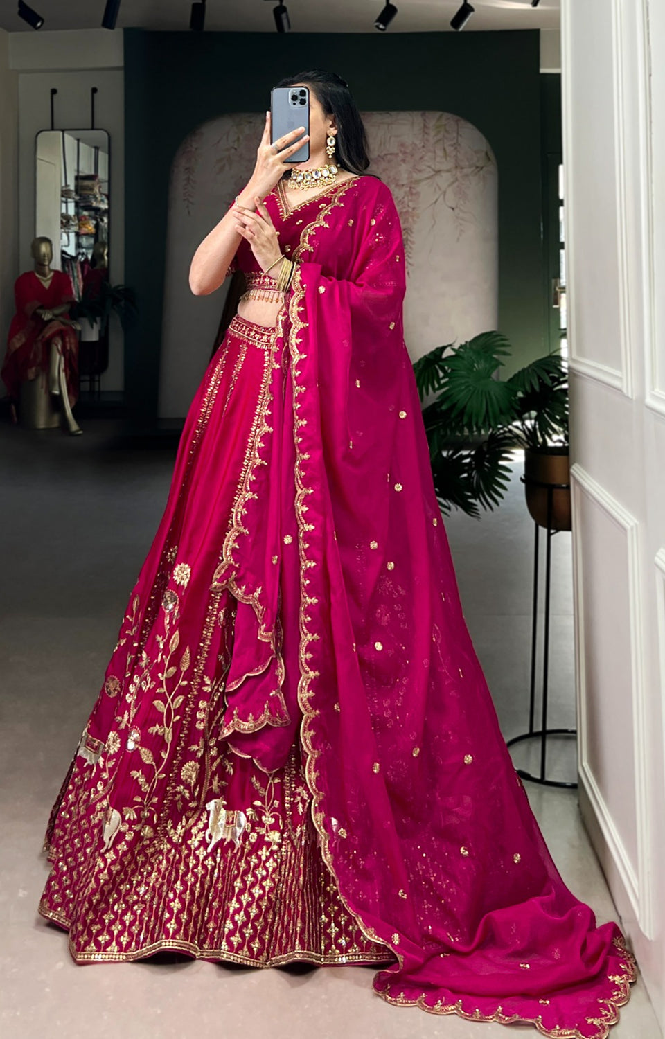 Rich Natural Silk with golden embroidery, glowing in vibrant pink elegance.