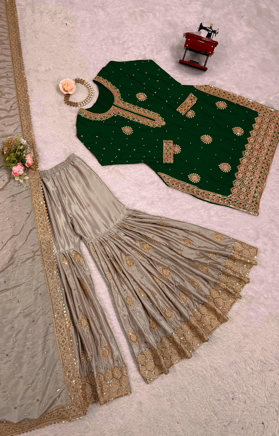 Chinon Silk Sharara Suit with Pearl & Sequence Work