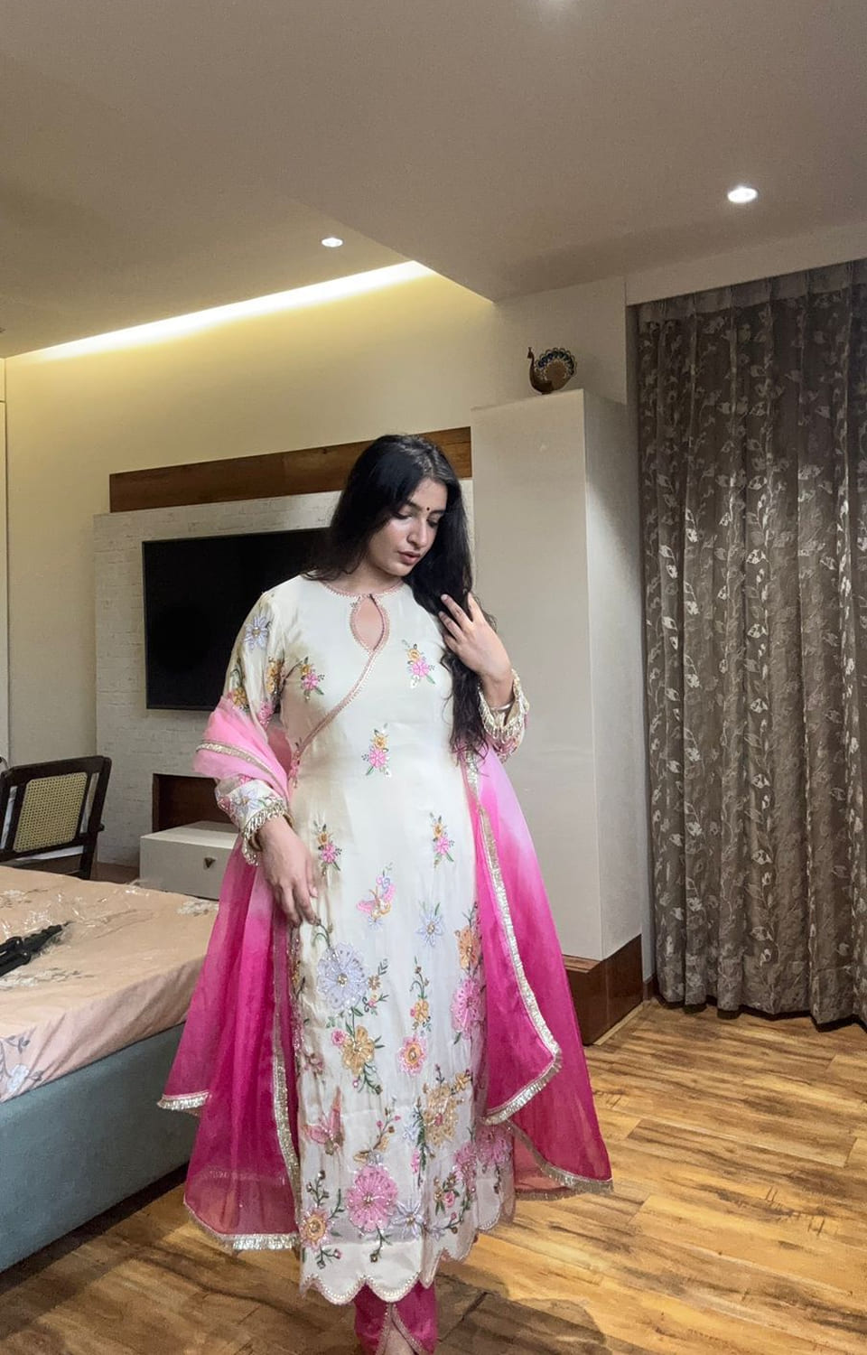 *DESIGNER WEAR EMBROIDERED BOAT NECK TOP WITH TULIP SALWAAR PAIR💝*