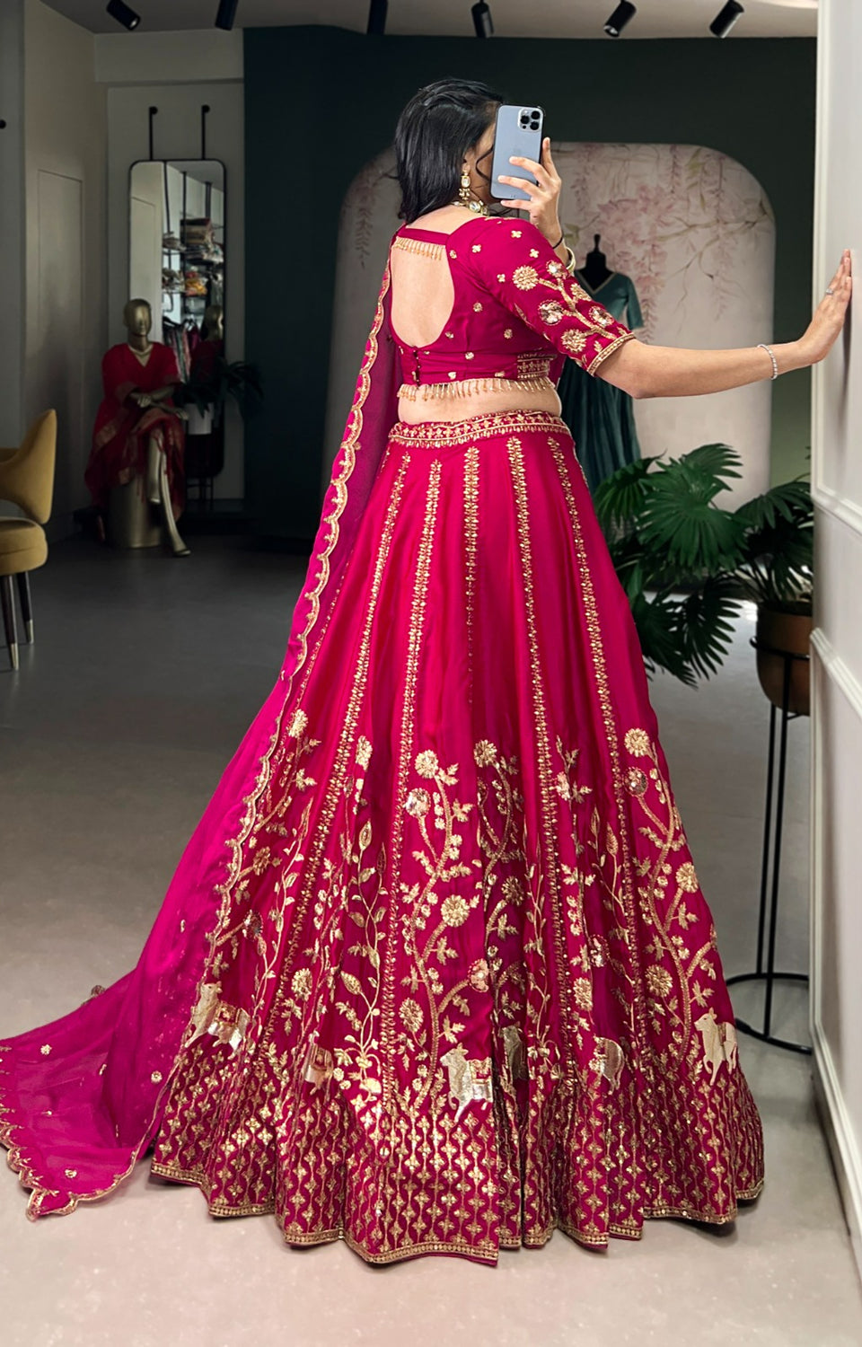 Rich Natural Silk with golden embroidery, glowing in vibrant pink elegance.