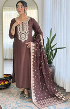 Elegant Brown Embroidered Kurta Set with Dupatta for Women