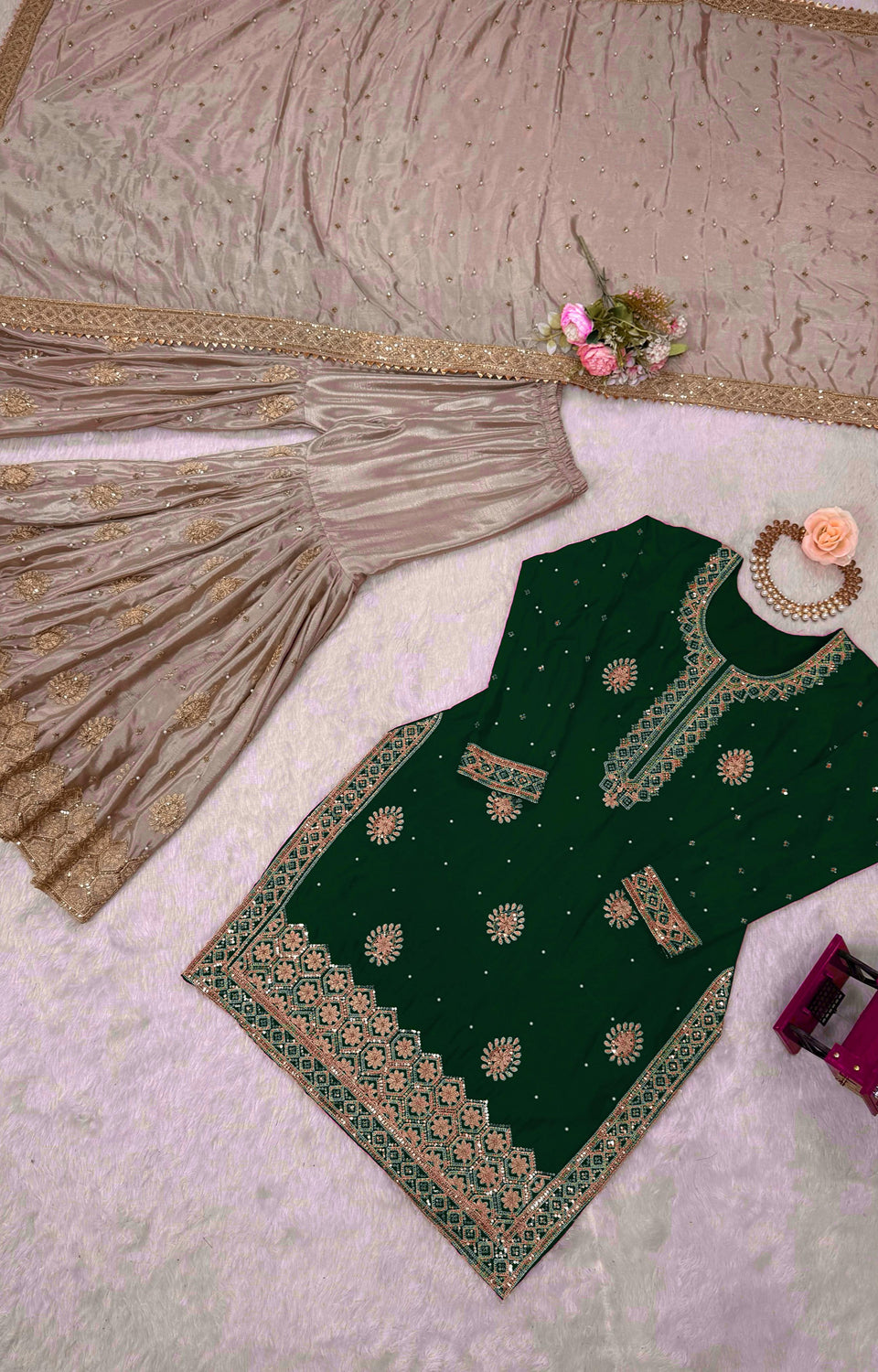 Chinon Silk Sharara Suit with Pearl & Sequence Work