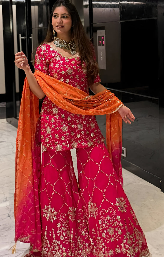 Orange-Red Square Neck Embroidered Kurta Set ❤️‍🔥
