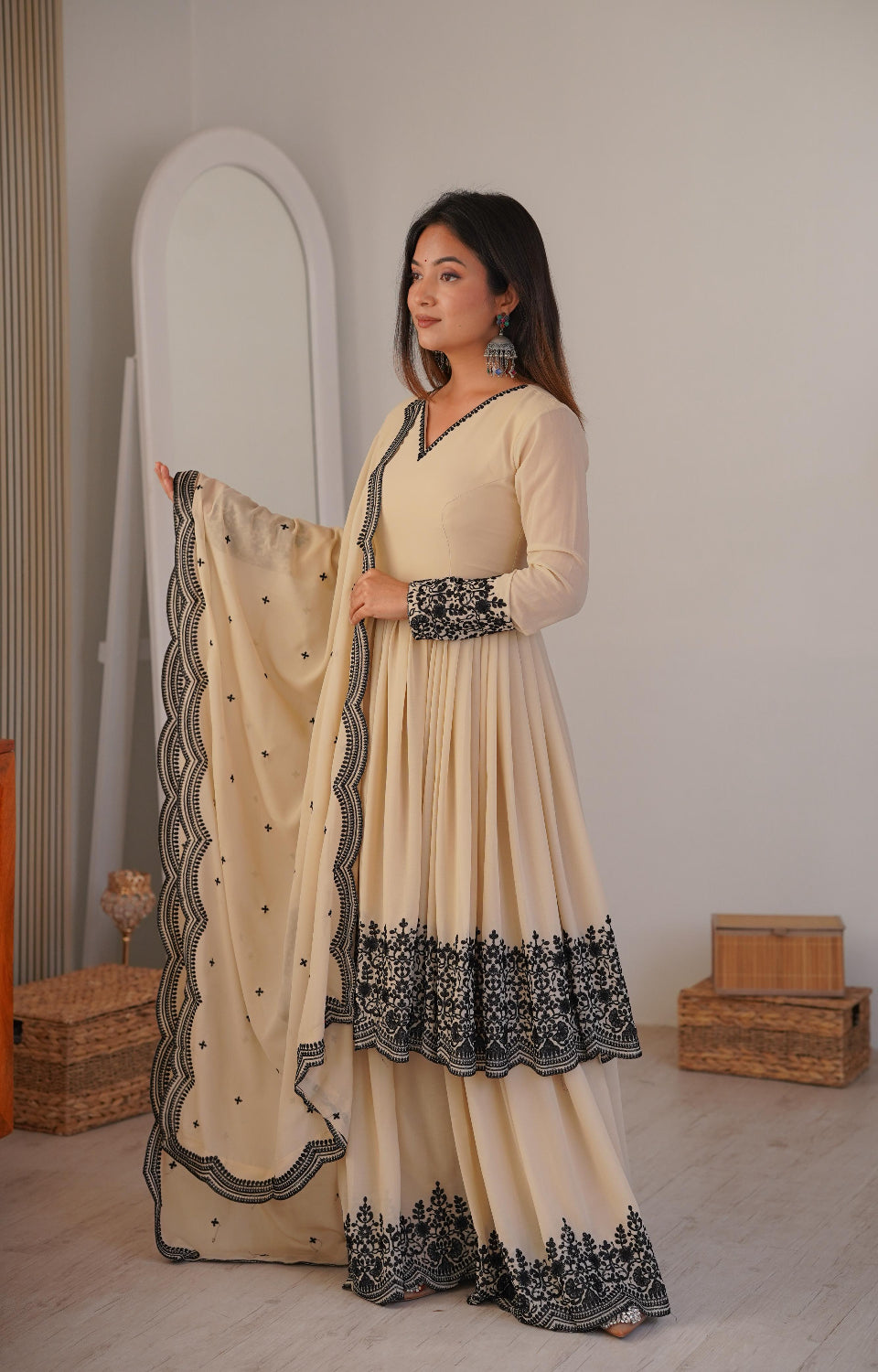 Soft Cream Black Embroidered  Premium Sharara Wear 🖤💎