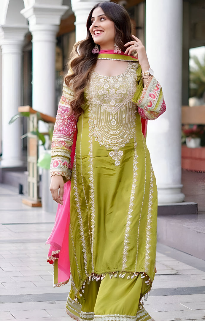 Heavy Embroidered Vichitra Silk Mirror Luxe Set ✨