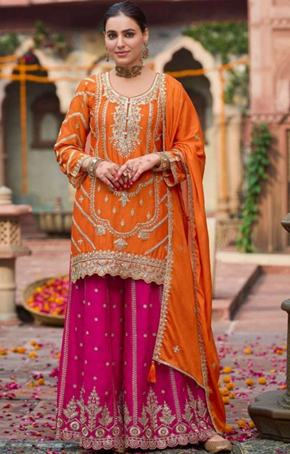 Sunset Glow Bold Orange Top & Pink Sharara Set 🌅