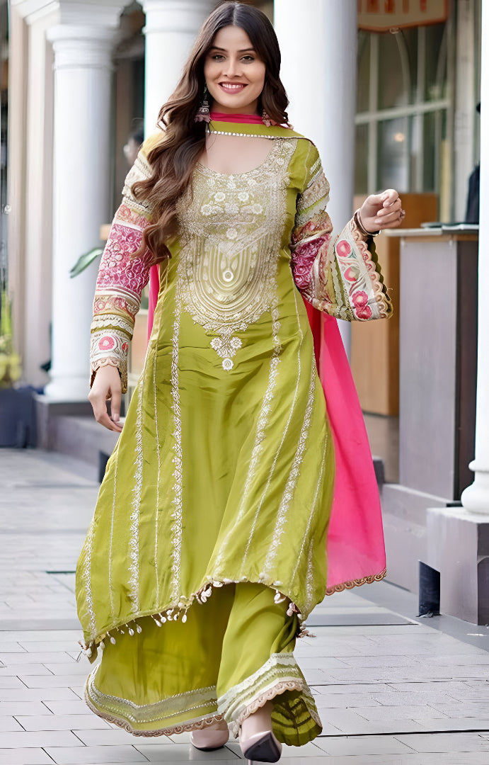 Heavy Embroidered Vichitra Silk Mirror Luxe Set ✨