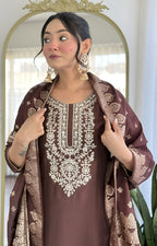 Elegant Brown Embroidered Kurta Set with Dupatta for Women
