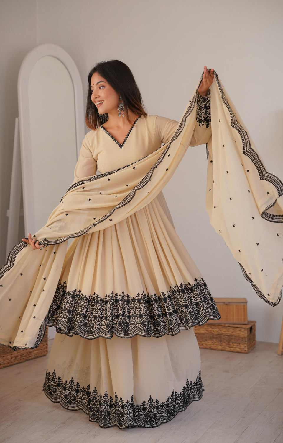 Soft Cream Black Embroidered  Premium Sharara Wear 🖤💎