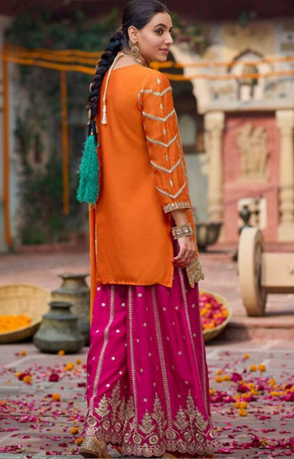 Sunset Glow Bold Orange Top & Pink Sharara Set 🌅