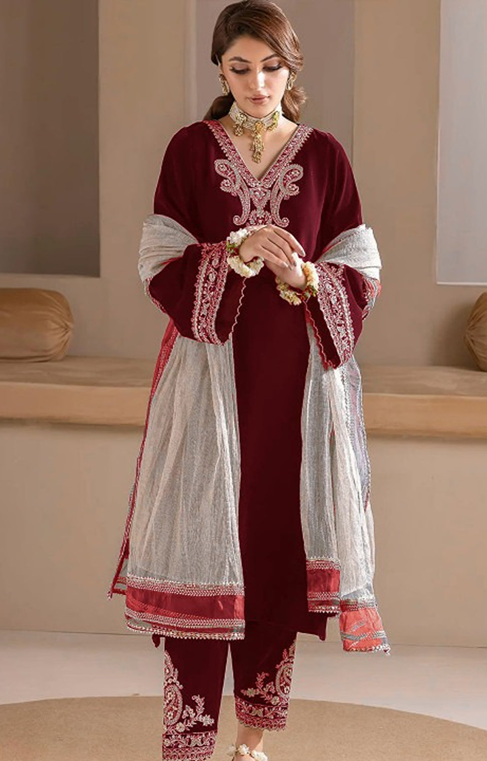 Embroidered Kurta With Bottom And Dupatta 🌙