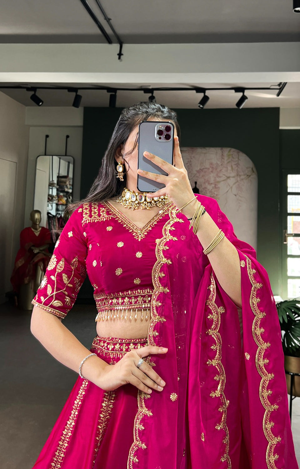 Rich Natural Silk with golden embroidery, glowing in vibrant pink elegance.