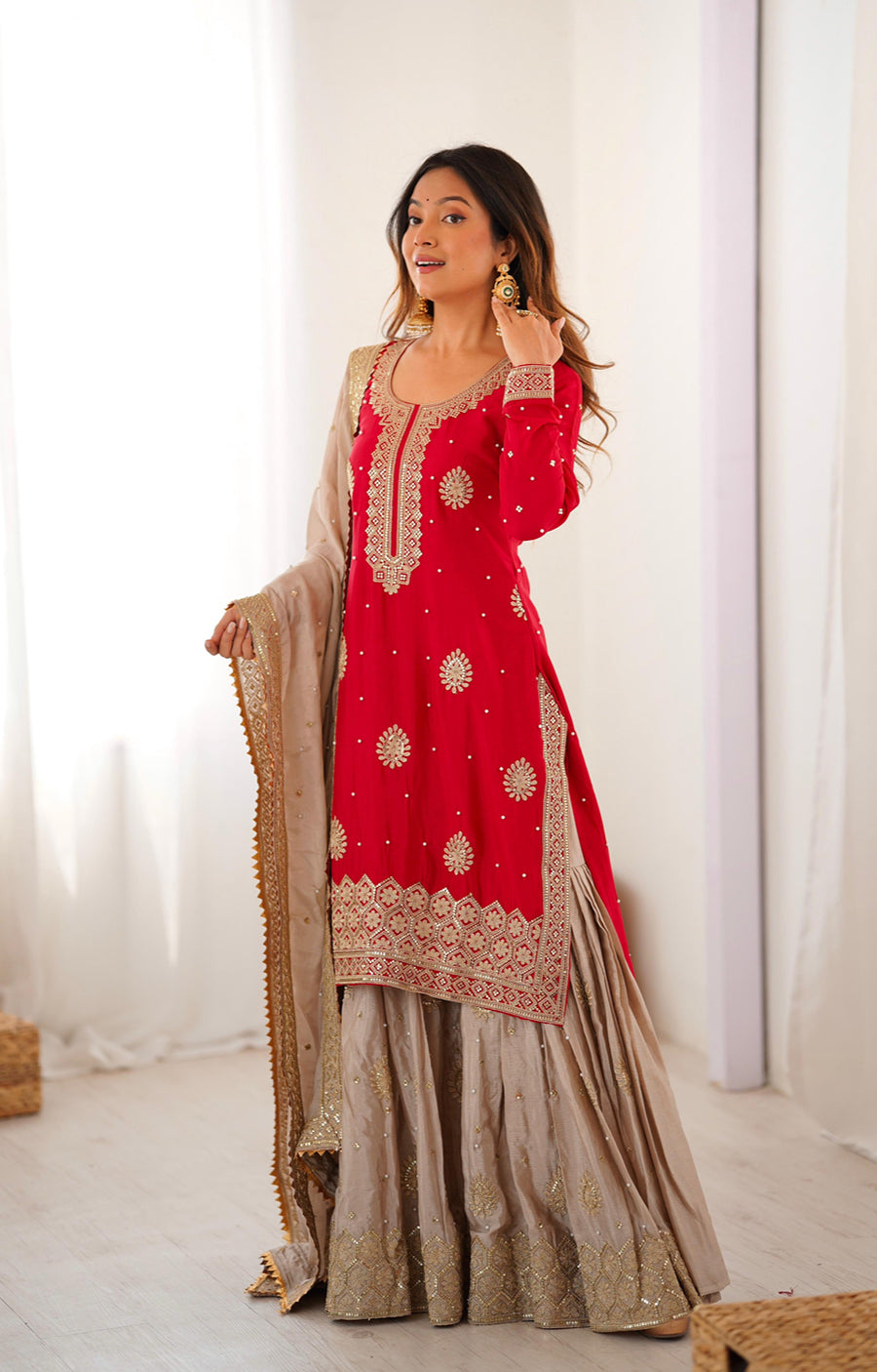 Chinon Silk Sharara Suit with Pearl & Sequence Work