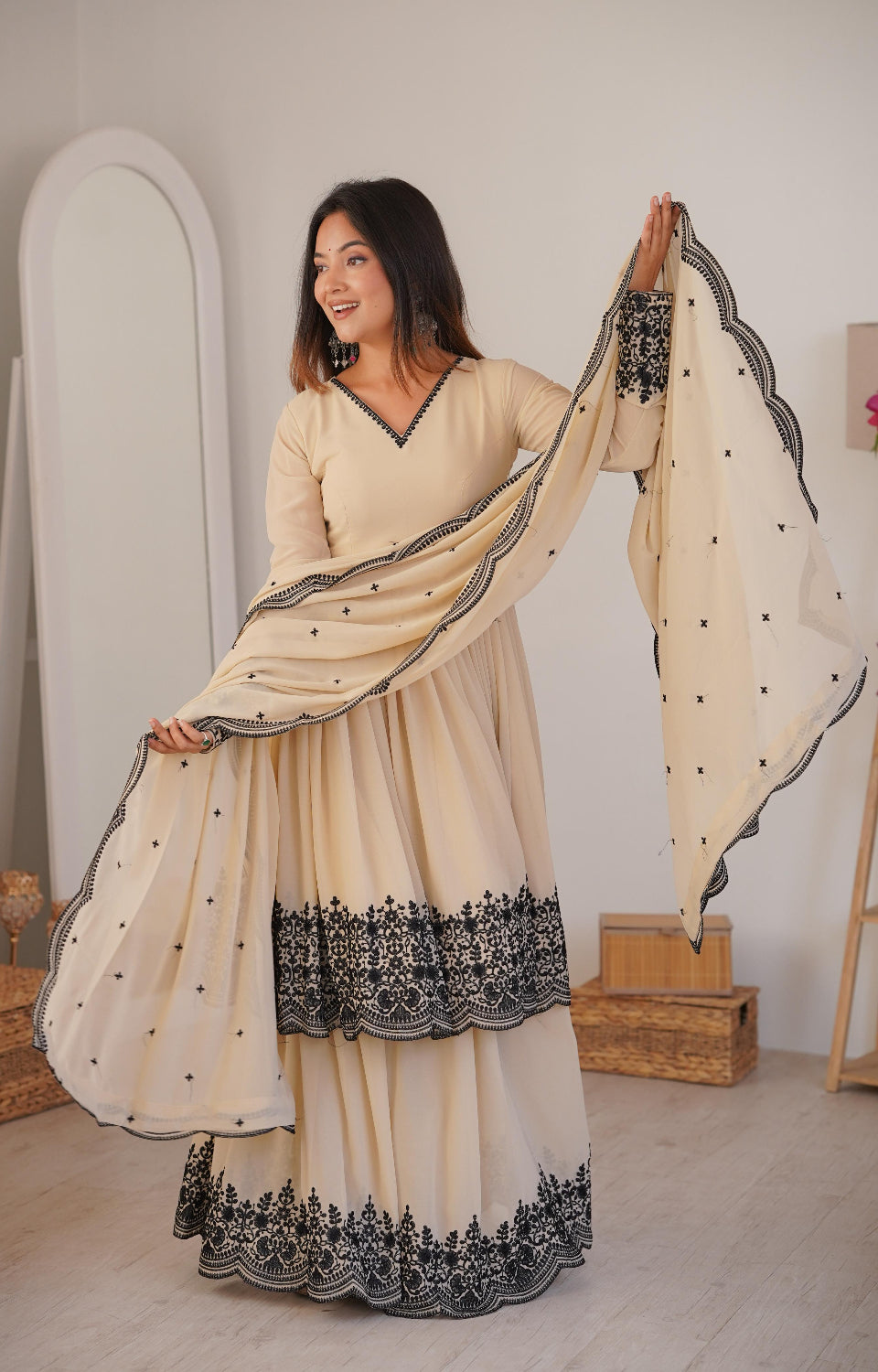 Soft Cream Black Embroidered  Premium Sharara Wear 🖤💎