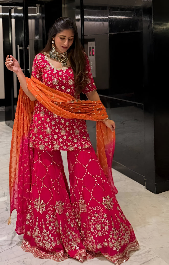 Orange-Red Square Neck Embroidered Kurta Set ❤️‍🔥