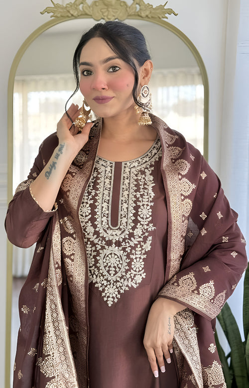Elegant Brown Embroidered Kurta Set with Dupatta for Women