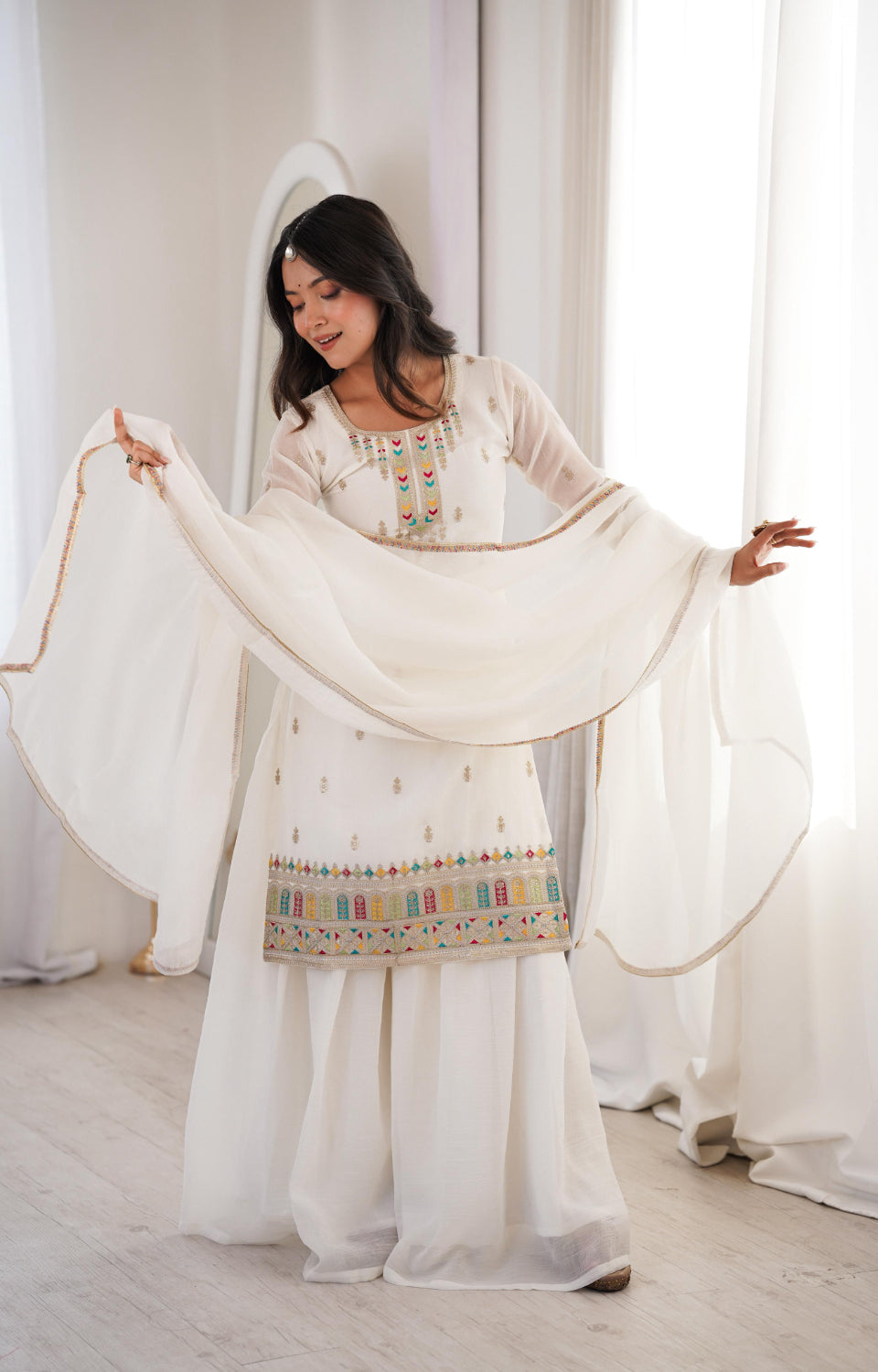 PURE SOFT CRUNCHY SILK FABRIC TOP, SHARARA WITH DUPATTA SET 🌟