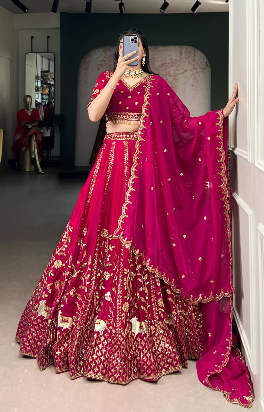 Rich Natural Silk with golden embroidery, glowing in vibrant pink elegance.