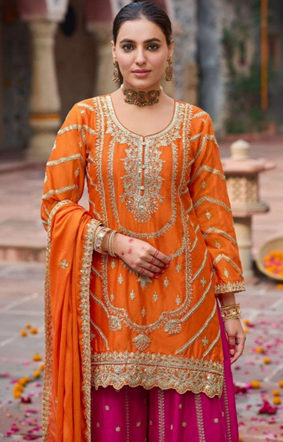 Sunset Glow Bold Orange Top & Pink Sharara Set 🌅