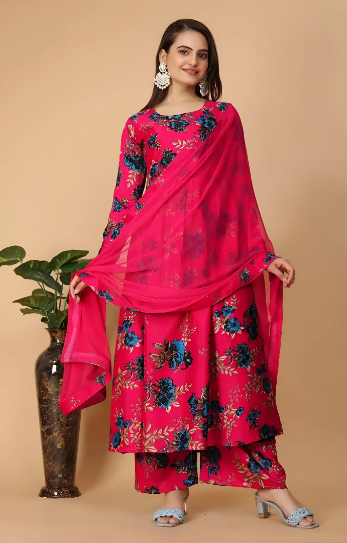 Women Georgette Kurta Palazzo Dupatta Set