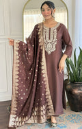 Elegant Brown Embroidered Kurta Set with Dupatta for Women