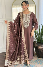 Elegant Brown Embroidered Kurta Set with Dupatta for Women