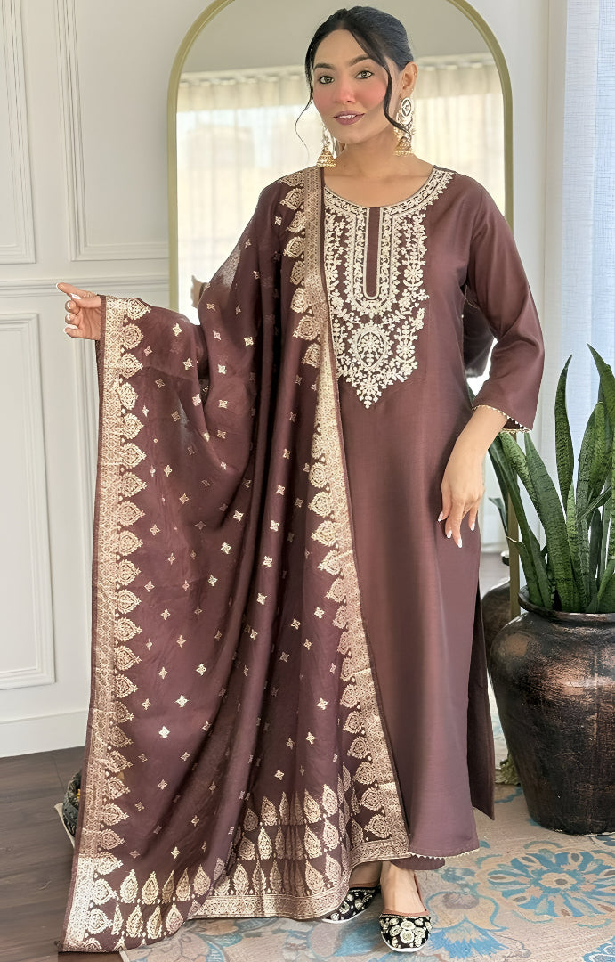Elegant Brown Embroidered Kurta Set with Dupatta for Women
